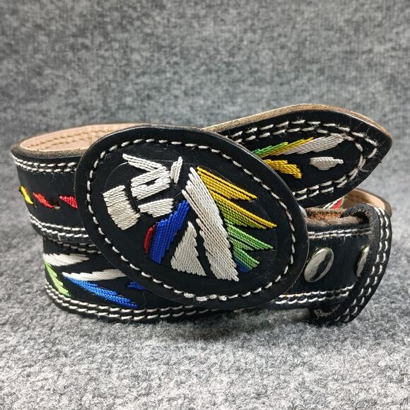 Unbranded Accessories - Vintage Embroidered Leather Western Belt Women 34 Black Colorful Horse Motif 90s
